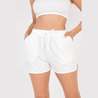VacationGrabs white french terry shorts for women with elastic waistband and drawstring