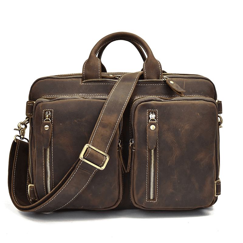 VacationGrabs genuine leather backpack briefcase with multiple zippered pockets and a sturdy shoulder strap