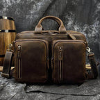 Vintage genuine leather backpack briefcase with multiple pockets and comfortable handles for versatile use