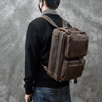 Stylish genuine leather backpack briefcase worn by a person for modern professionals and travelers