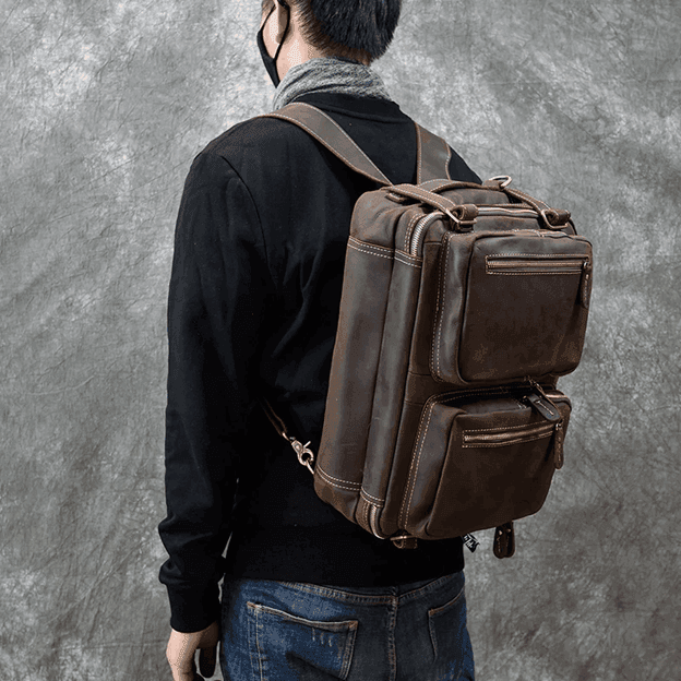 Stylish genuine leather backpack briefcase worn by a person for modern professionals and travelers