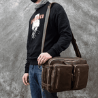 Genuine leather backpack briefcase in brown with multiple zip pockets for stylish and functional travel