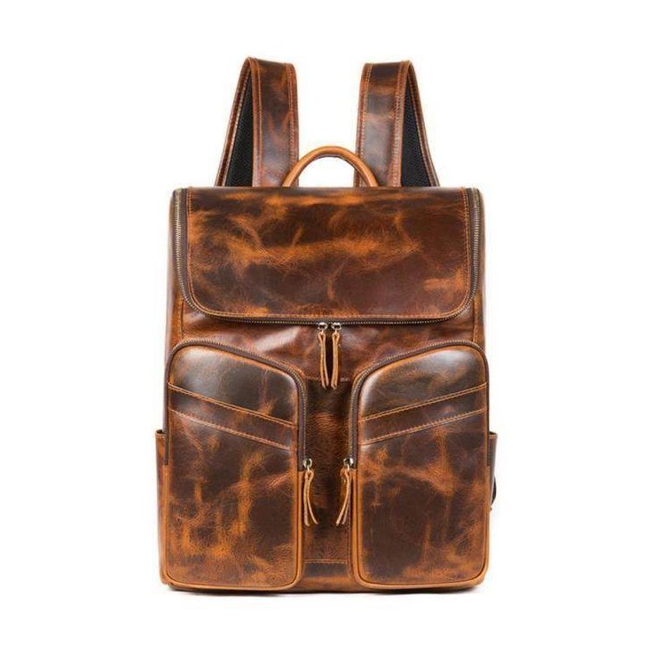 Genuine leather backpack for men with multiple pockets and durable design for travel and daily use