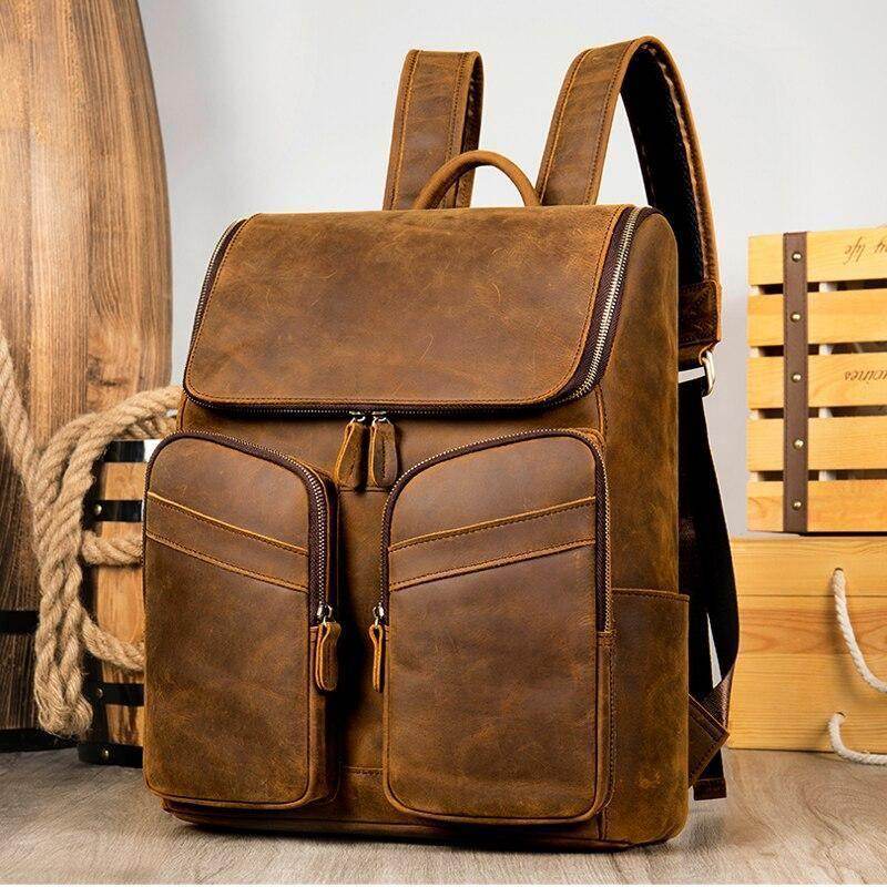 Genuine leather backpack for men with multiple pockets in a stylish brown design