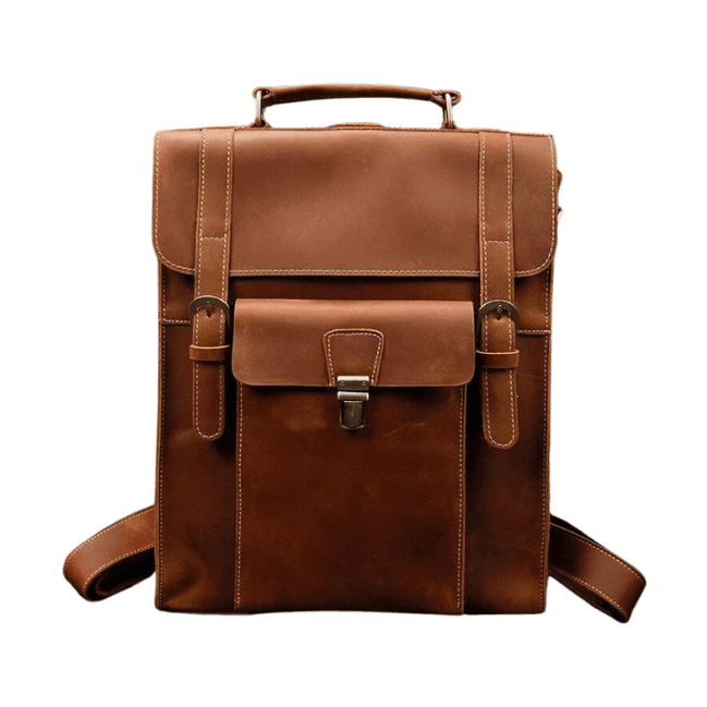 Genuine leather backpack for travel with multiple pockets and adjustable straps in rich brown color