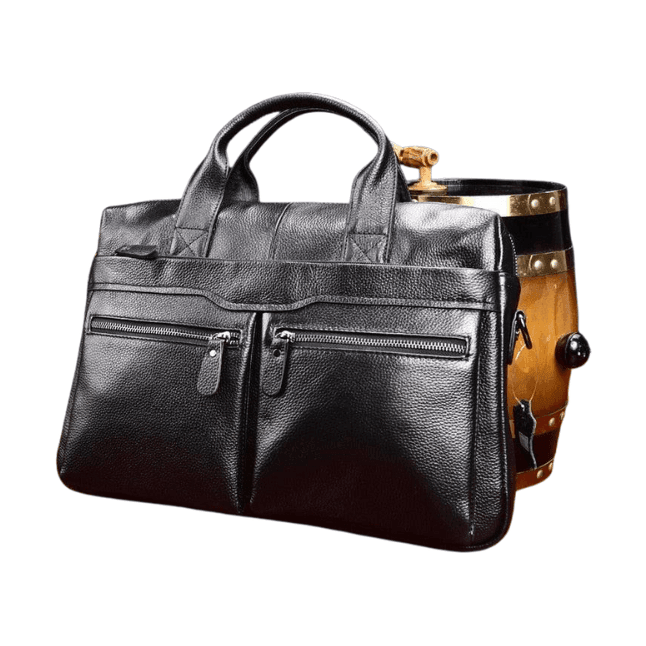 Genuine leather briefcase with dual zip pockets and sturdy handles for professional use