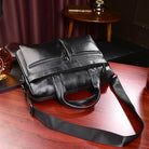 VacationGrabs genuine leather briefcase with double zipper closure and removable shoulder strap
