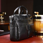 Stylish genuine leather briefcase in black with multiple pockets for organized storage