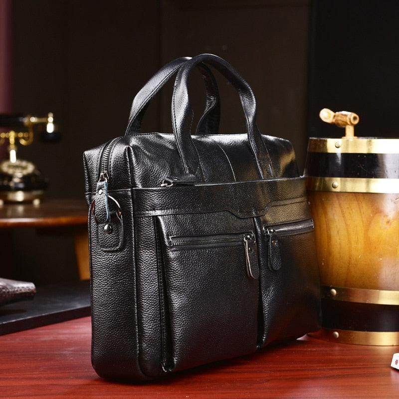 Stylish genuine leather briefcase in black with multiple pockets for organized storage
