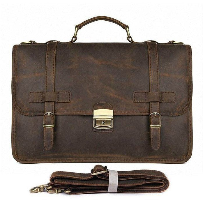 Genuine leather business bag from VacationGrabs featuring a classic design with adjustable strap and secure buckles