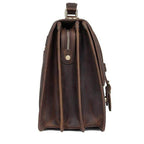 Side view of a genuine leather business bag with multiple compartments for organization