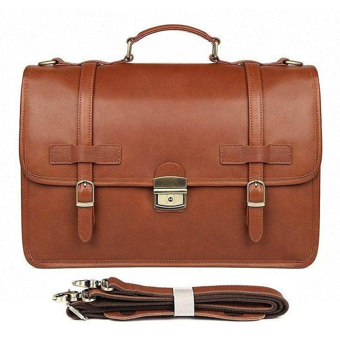 Genuine leather business bag in brown with dual buckle closures and detachable shoulder strap