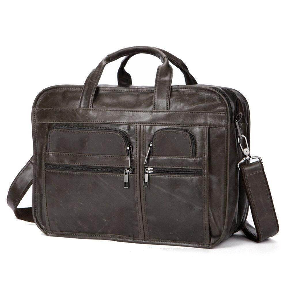 Genuine leather business briefcase by VacationGrabs with multiple pockets and adjustable strap