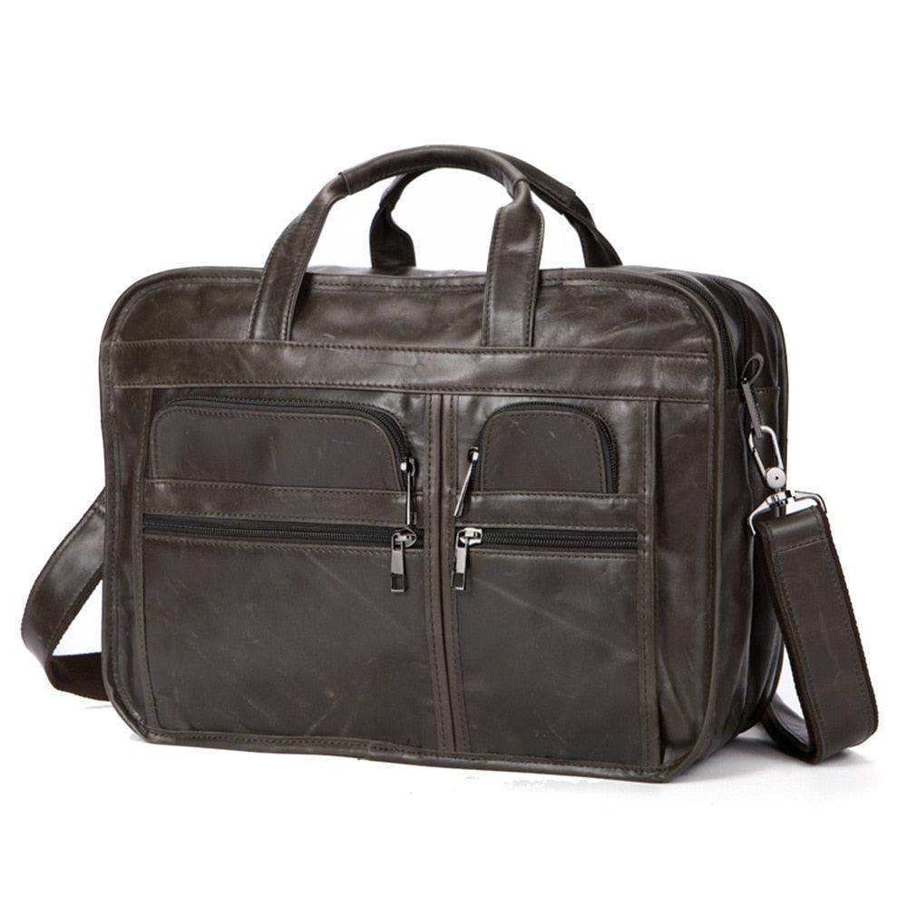 Genuine leather business briefcase with multiple zippered pockets and adjustable shoulder strap