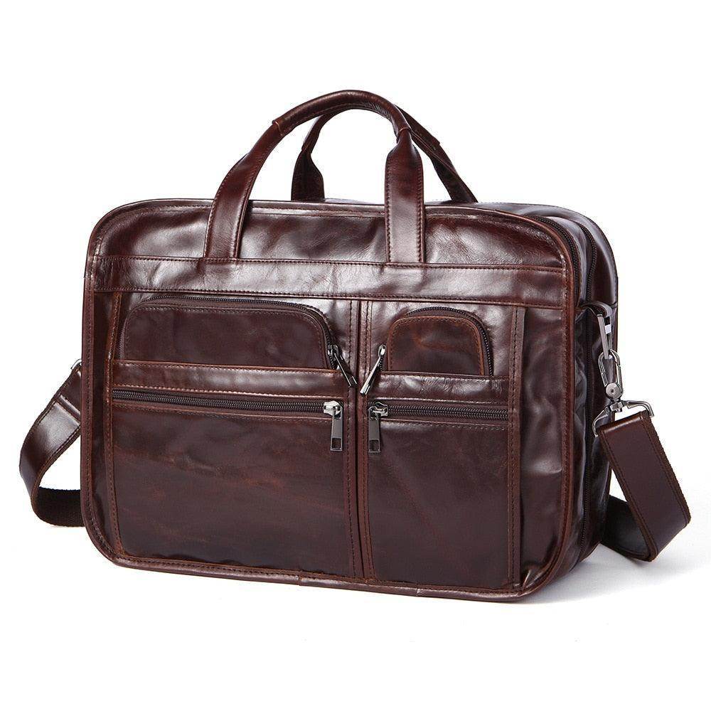 VacationGrabs genuine leather business briefcase with multiple pockets and adjustable shoulder strap