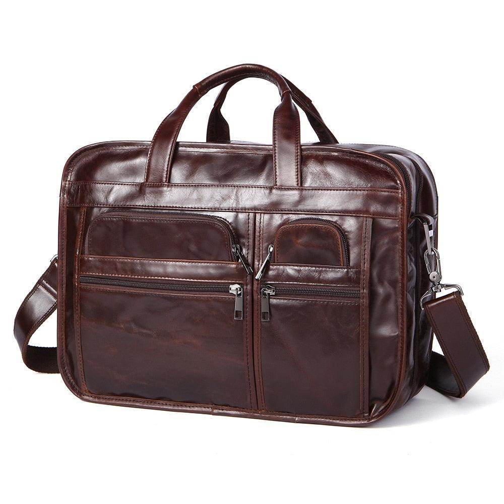 Genuine leather business briefcase with multiple pockets and adjustable shoulder strap for professional use