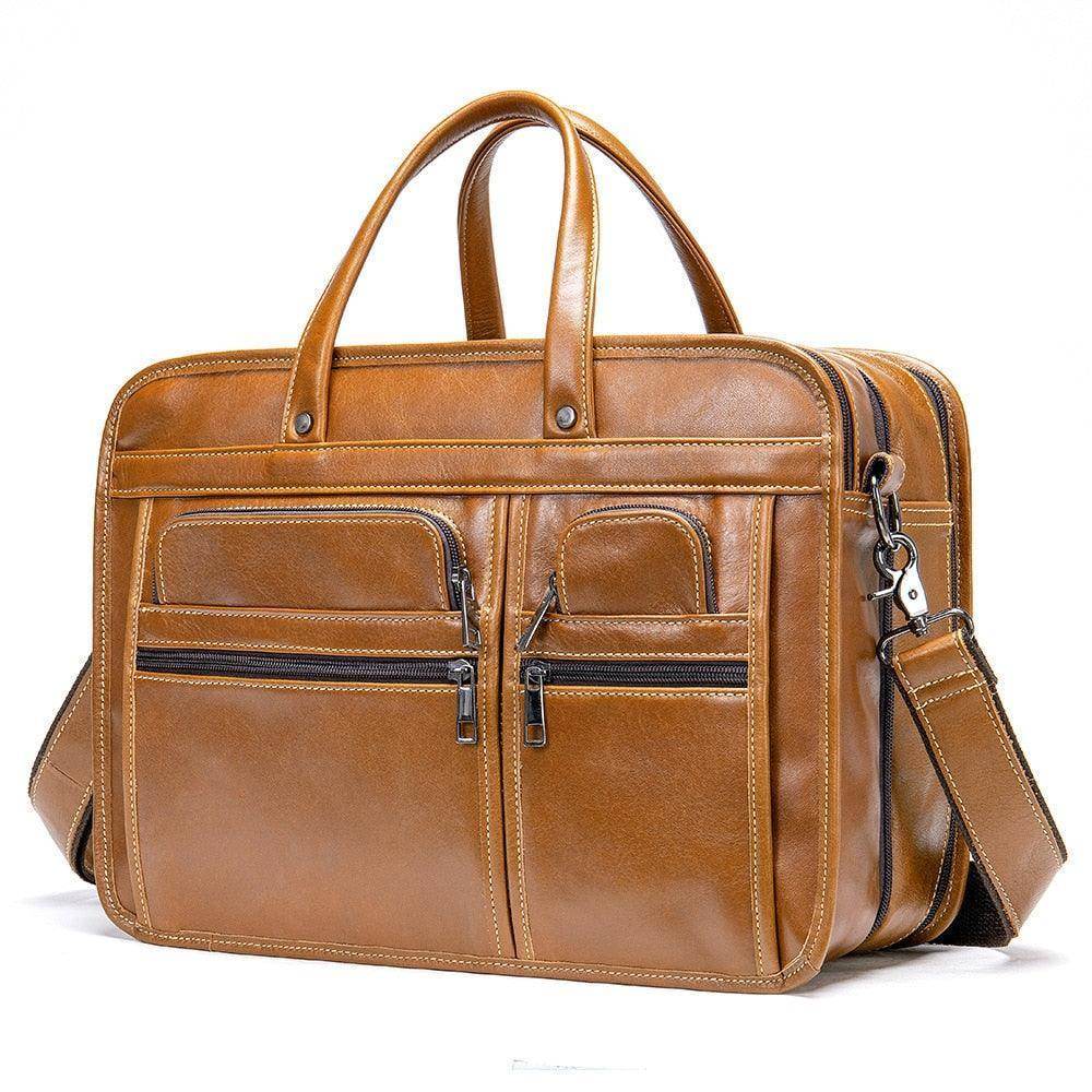 VacuumGrabs genuine leather business briefcase with multiple zippered pockets and carrying handles