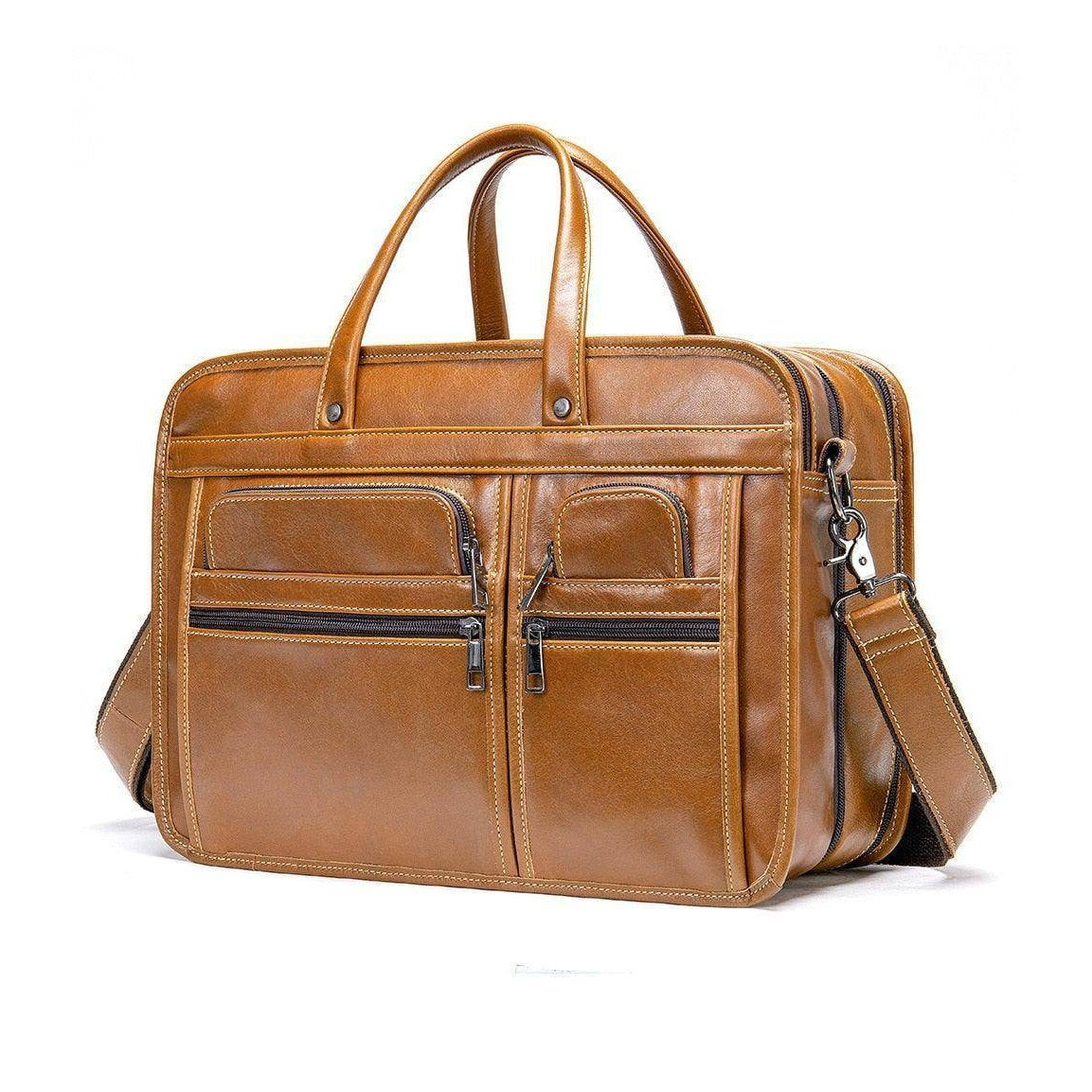 Genuine leather business briefcase with multiple zippered pockets and a detachable shoulder strap