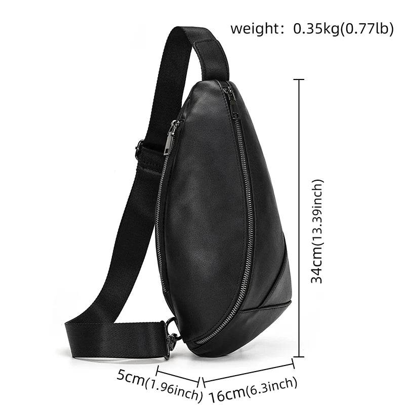 Black genuine leather chest bag for casual outings