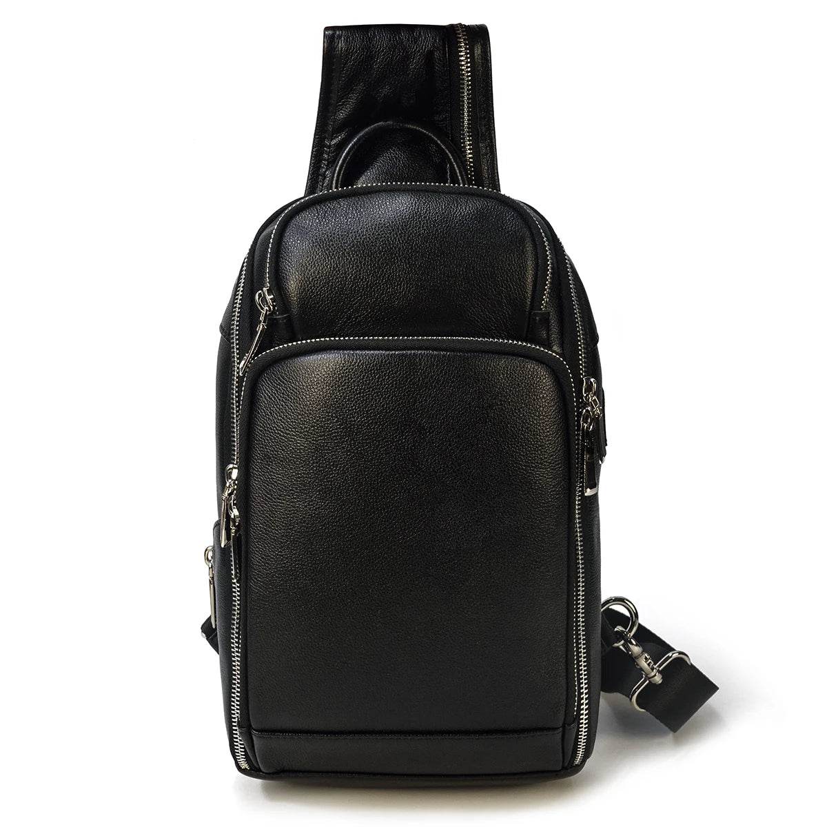 Black genuine leather chest bag for everyday use