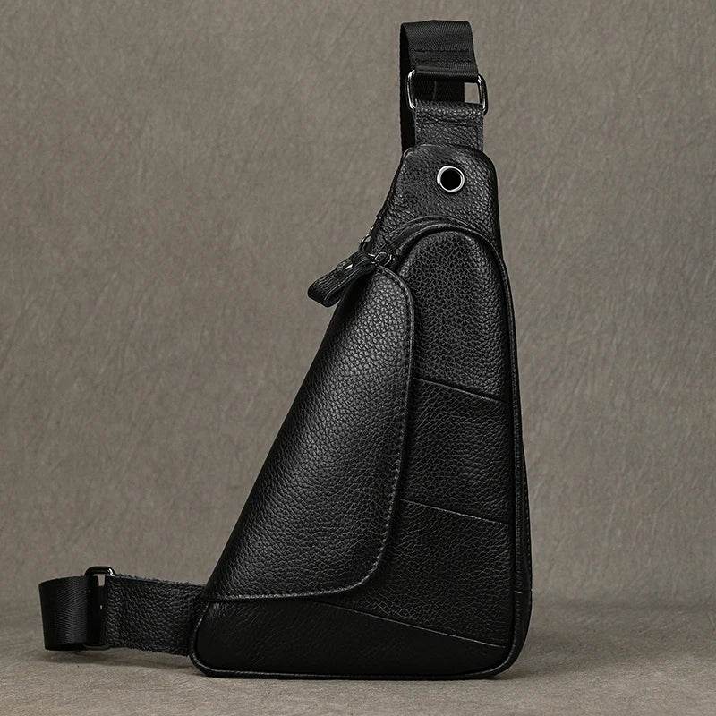 Black genuine leather chest bag for stylish everyday use