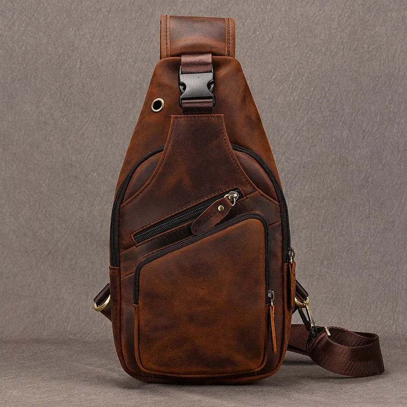 Brown genuine leather chest bag for casual outings