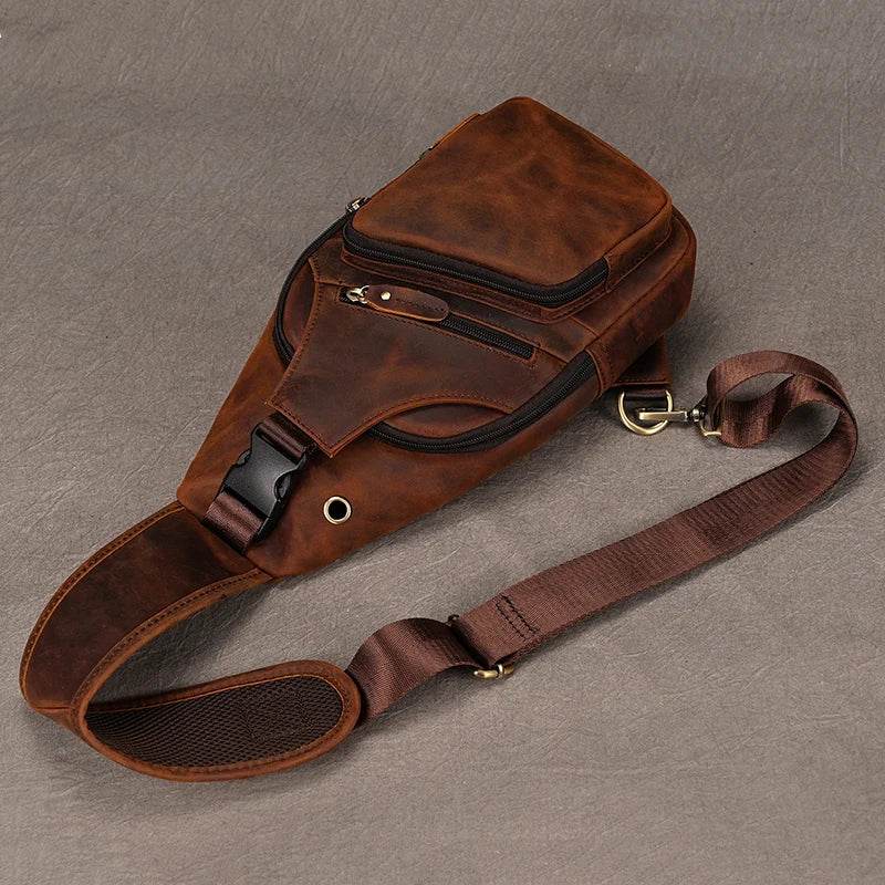Brown genuine leather chest bag for stylish travel and daily use