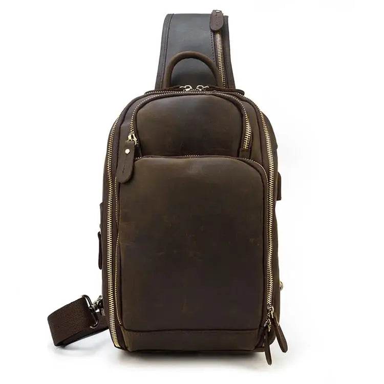 Brown genuine leather chest bag for travel and daily use