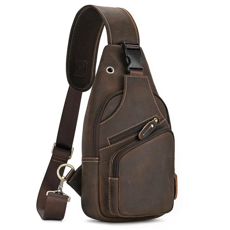 Men's genuine leather chest bag for daily use, brown color