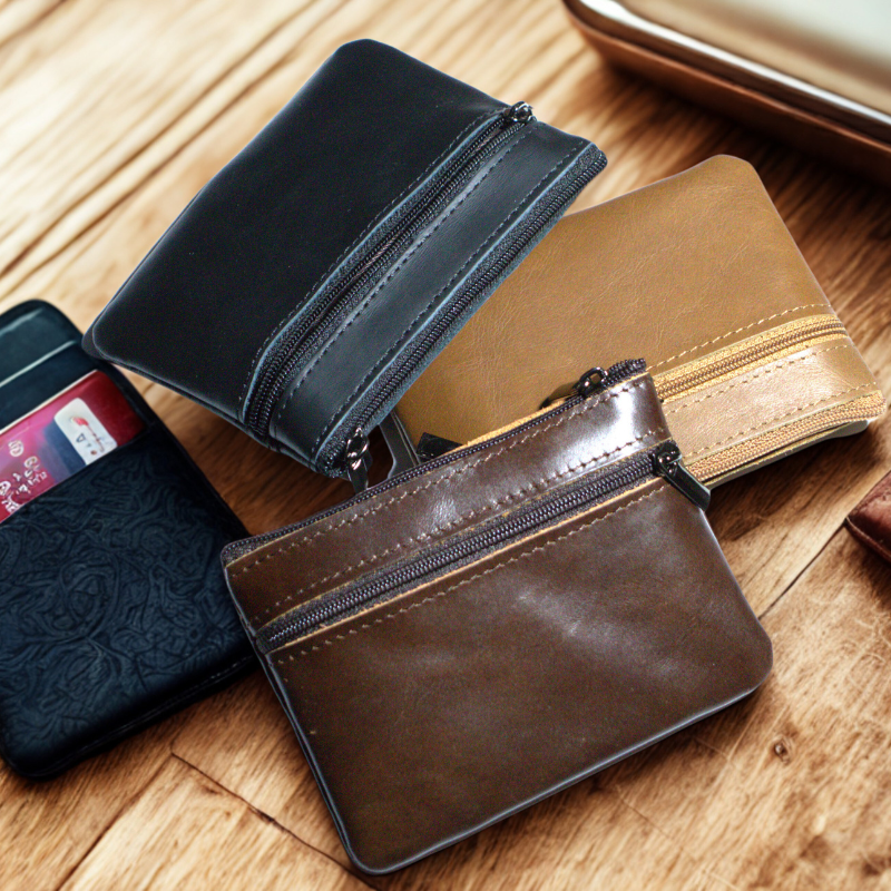 Assorted genuine leather coin wallets in various colors with zippered closures for secure storage