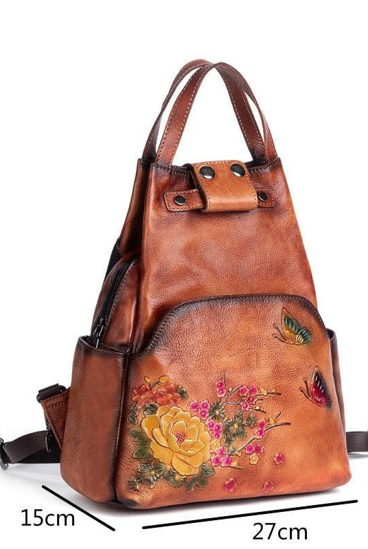Luggage & Bags - Backpacks Genuine Leather Embossed Shoulder Bag Womens Backpack Retro Design