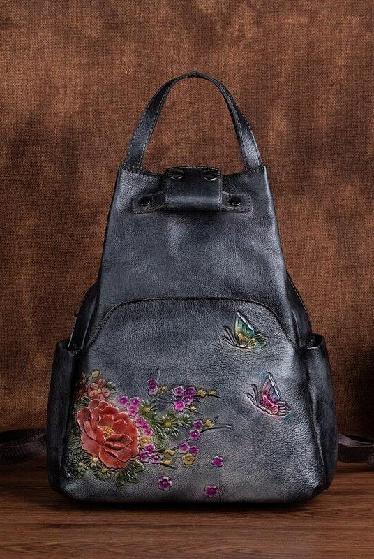Luggage & Bags - Backpacks Genuine Leather Embossed Shoulder Bag Womens Backpack Retro Design