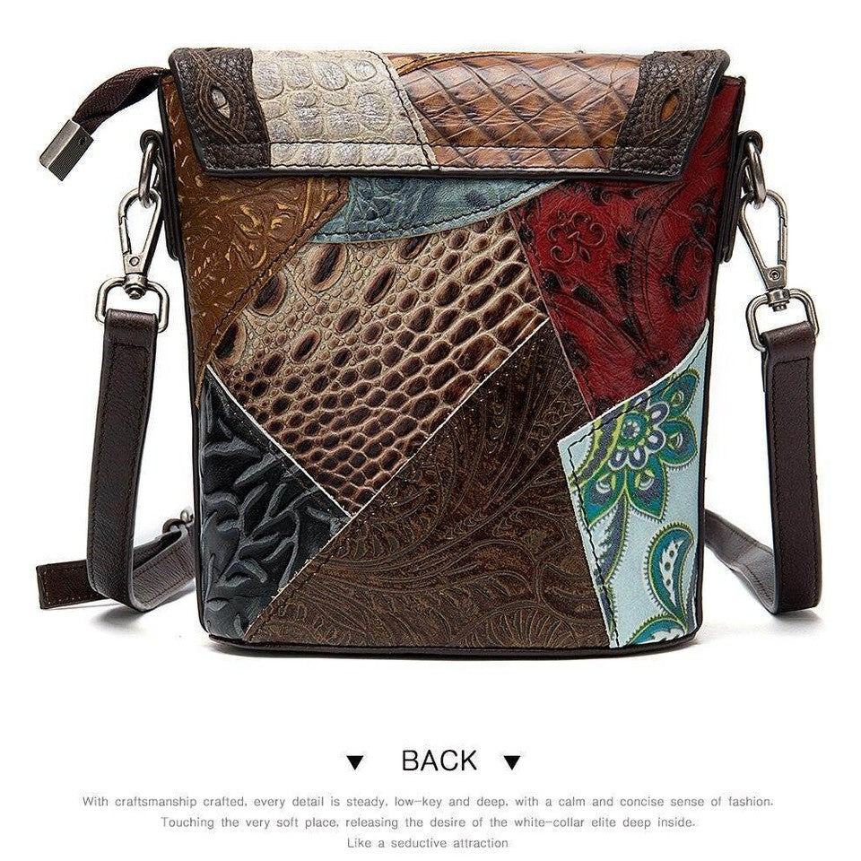Genuine leather hobo handbag with a unique patchwork design and adjustable strap for stylish outings