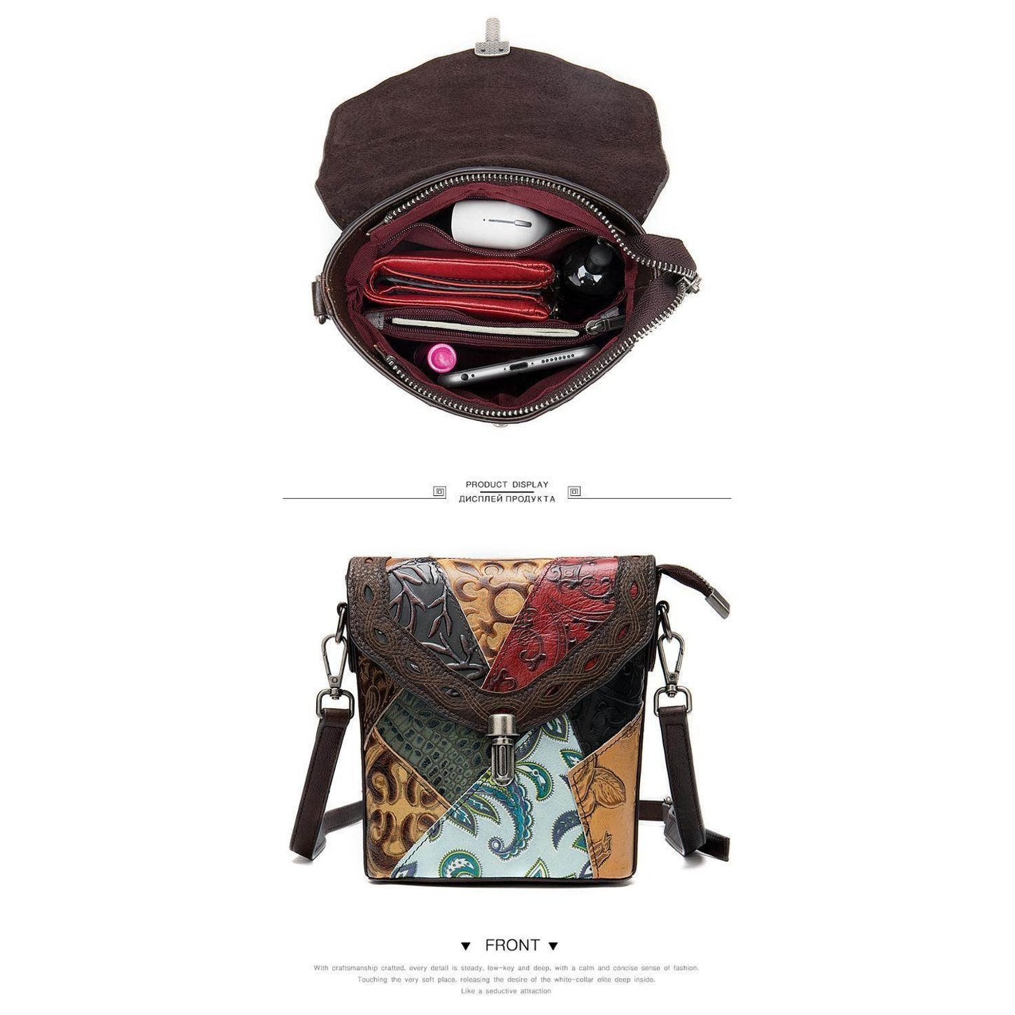 Genuine leather hobo handbag with colorful patchwork design and spacious interior for everyday essentials