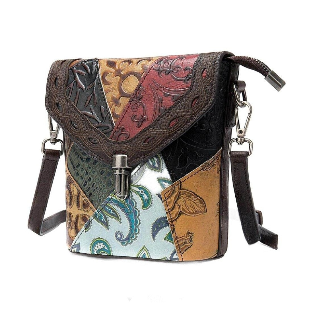 Colorful genuine leather hobo handbag with intricate patterns and adjustable strap for stylish outings