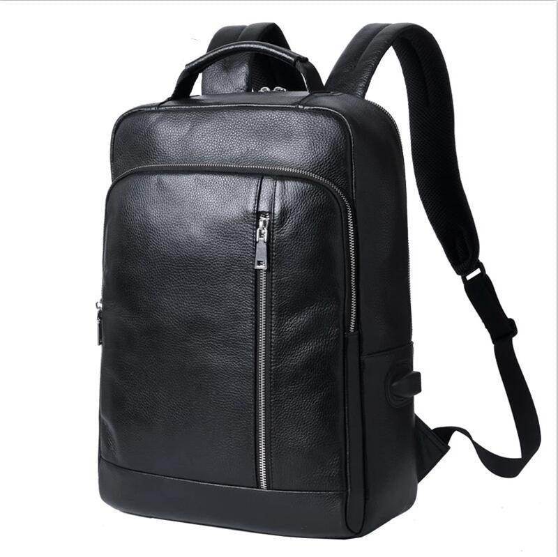 Genuine leather laptop backpack with sleek design and multiple pockets for organization