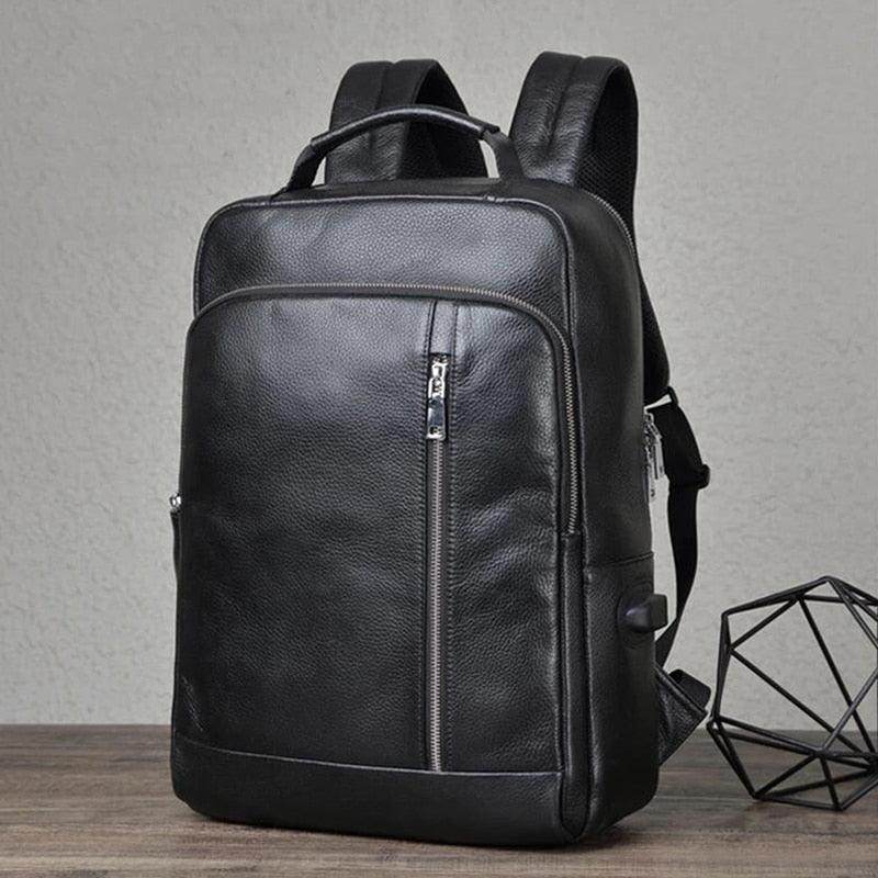 Genuine leather laptop backpack in sleek black with multiple compartments for style and functionality
