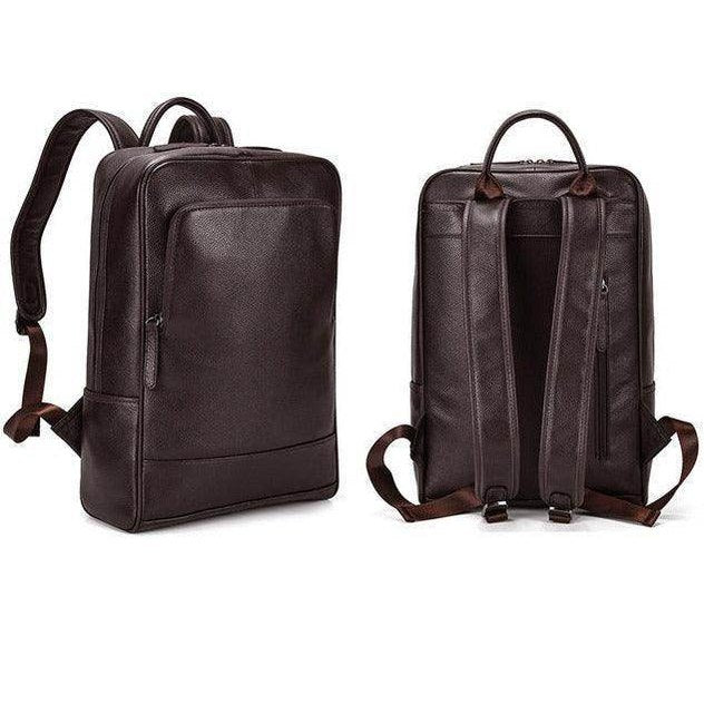 Genuine leather laptop backpack featuring a sleek design and padded straps for comfort