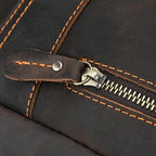Close-up of a genuine leather laptop backpack zipper detail showcasing quality craftsmanship and stitching