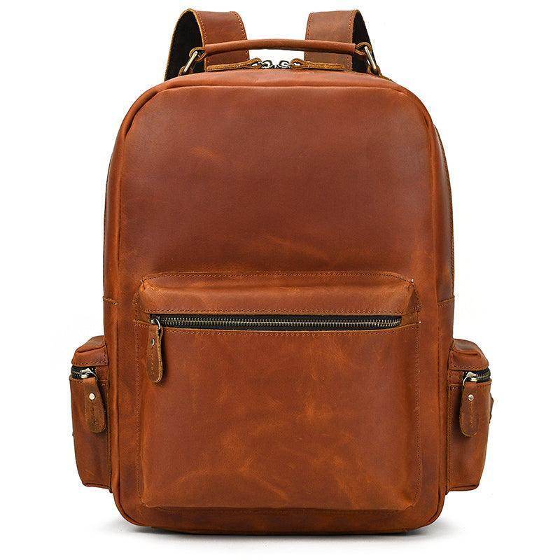 Genuine leather laptop backpack in brown with multiple pockets and a stylish design for travel