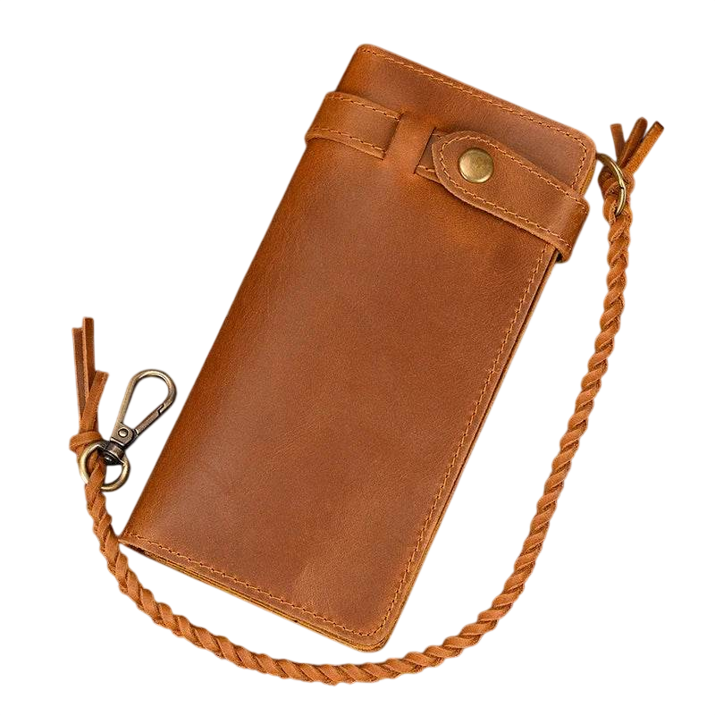 Long portefeuille en cuir véritable avec dragonne et chaîne