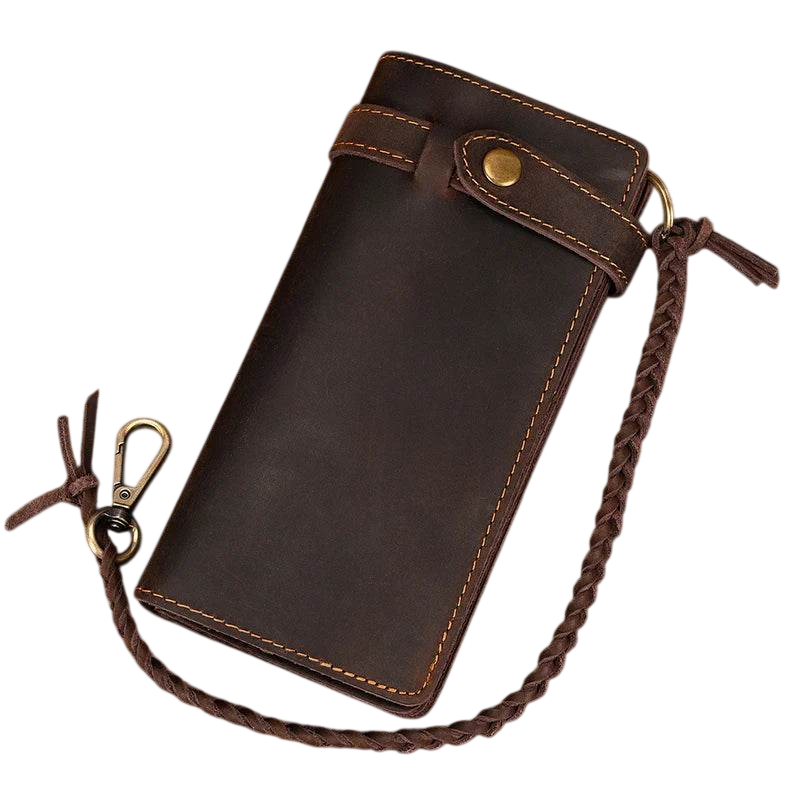 Genuine Leather Long Wallet with Wrist Belt Strap Chain