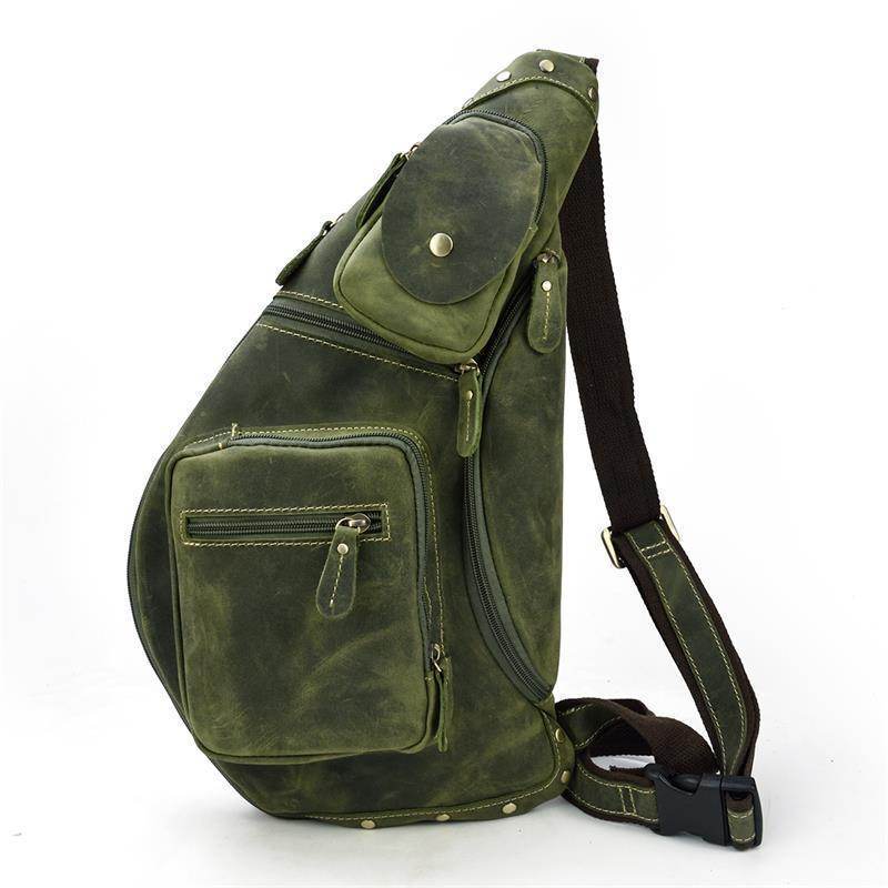 Genuine leather mens chest bag in olive green with multiple pockets and adjustable strap