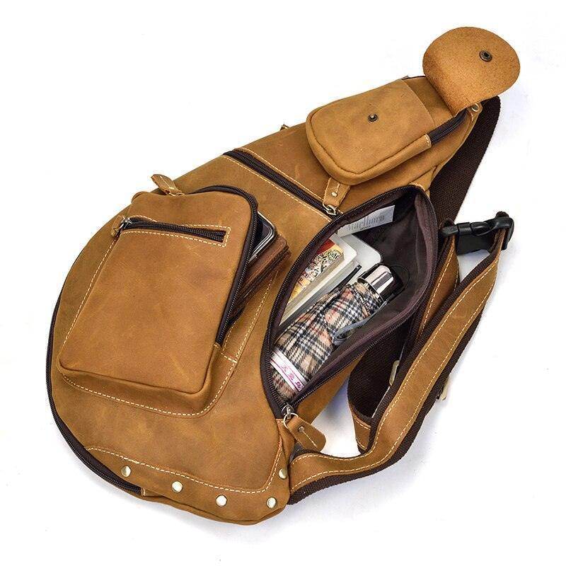 Genuine leather mens chest bag with multiple pockets for organized storage and stylish travel