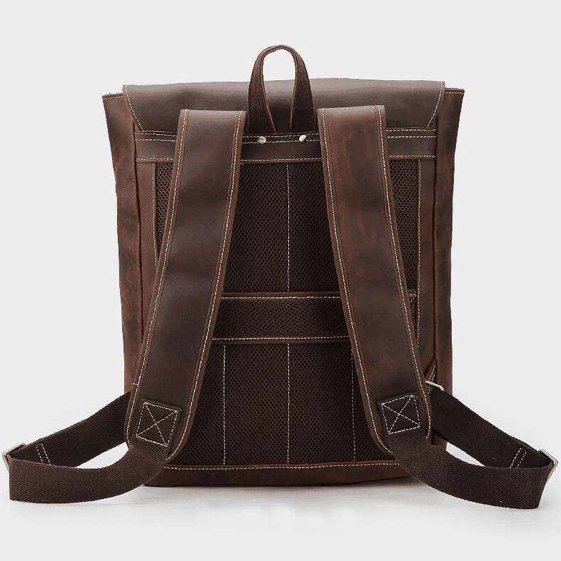 Genuine leather mens travel backpack with padded back and adjustable shoulder straps for comfort
