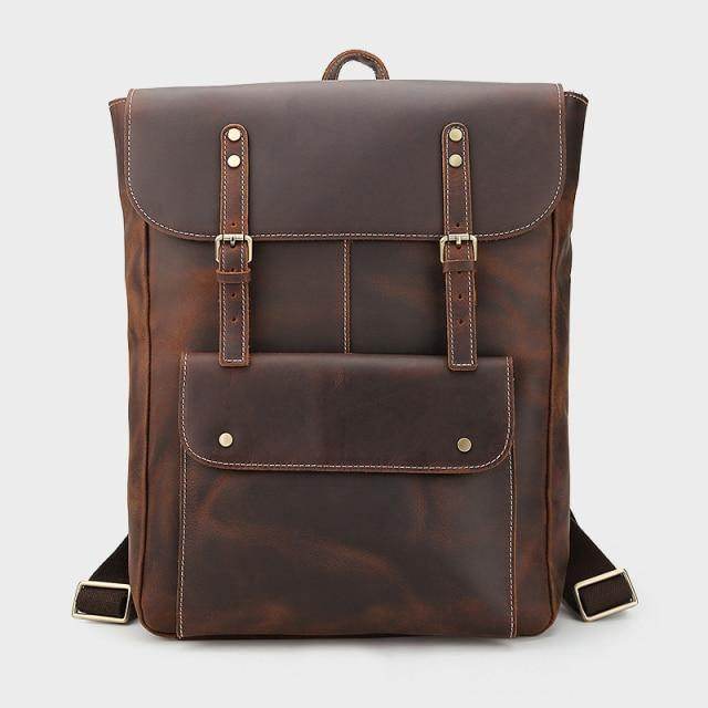 Genuine leather mens travel backpack with stylish design and front pocket for convenience