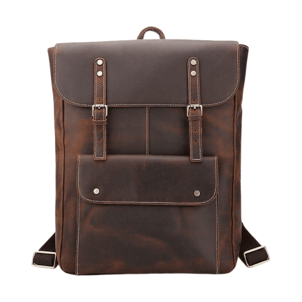 Genuine leather mens travel backpack featuring a stylish design with front pocket and adjustable straps