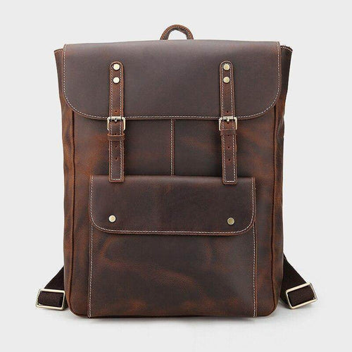 Genuine leather mens travel backpack with adjustable straps and front pocket for convenient storage