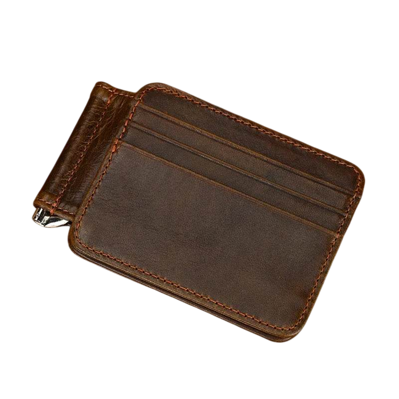 Billetera con clip de piel auténtica para tarjetas de hombre y mujer