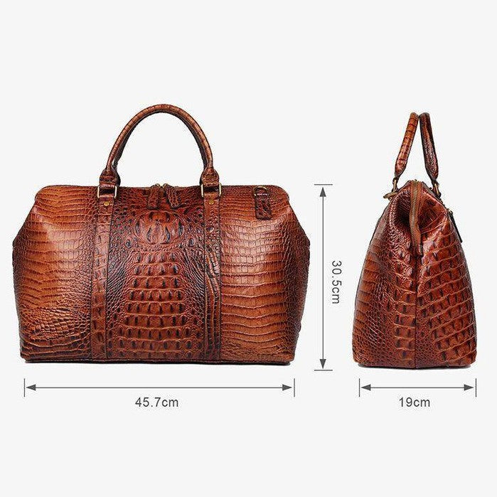 Genuine leather shoulder bag in brown with textured crocodile pattern and spacious interior